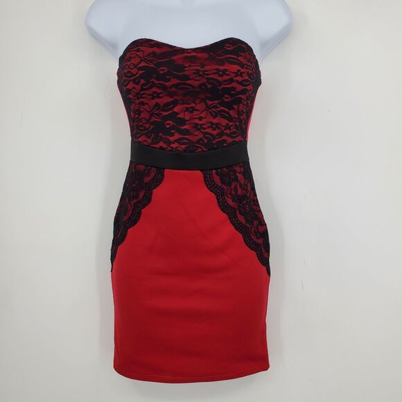 Vintage Wetseal Y2K Red Black Lace Goth Punk Whimsigoth Strapless Mini Dress XS